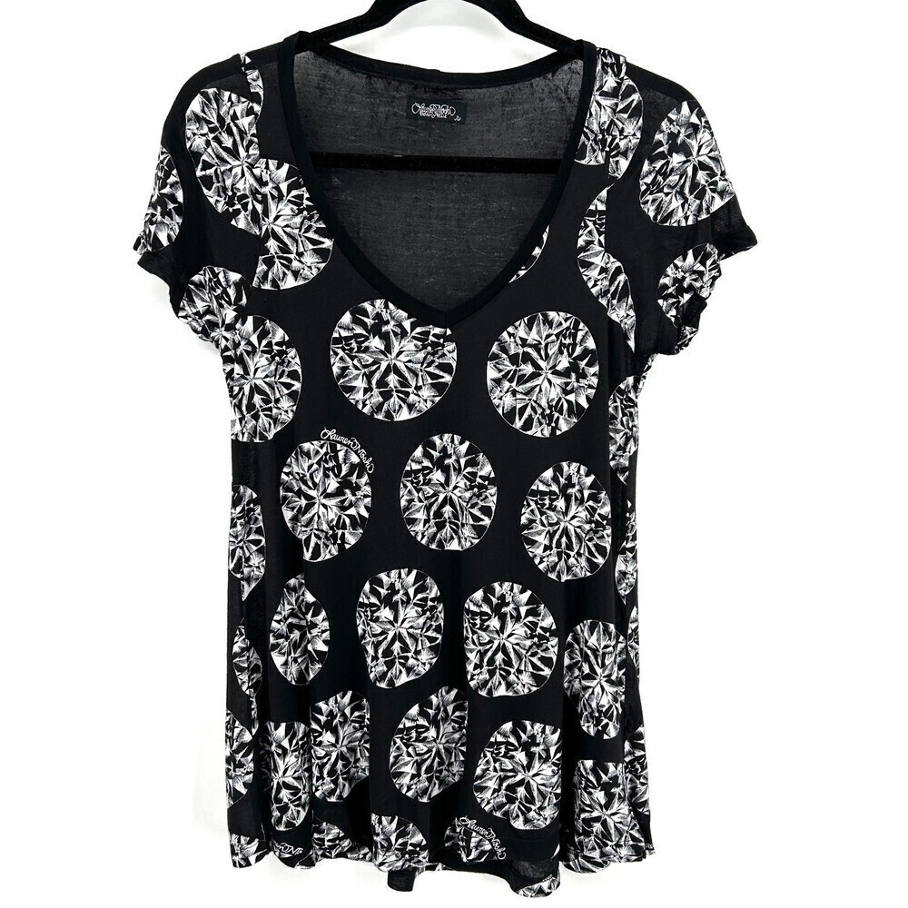 LAUREN MOSHI Black White Diamond Print Micro Modal V-Neck T-Shirt Size Small